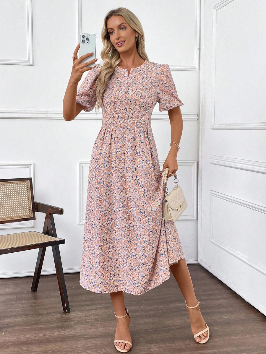 EMERY ROSE 女士度假风碎花泡泡袖连衣裙，优雅气质 - 粉色 - 查看 1