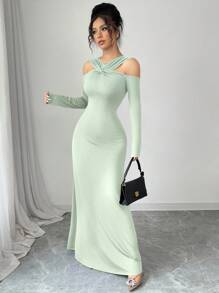Modelyn 1pc Women Off Shoulder Twist Front Fitted Long Sleeve Dress - Mint Green - View 5