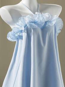 Elamini 纯色系带荷叶边层叠下摆 A 字型迷你连衣裙 - 藍色 - 查看 4