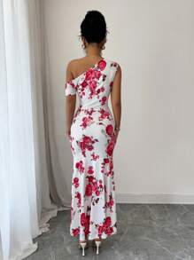 Elenzga Autumn Ditsy Floral Sexy Asymmetric Cinched Waist Asymmetrical Design A-Line Versatile Women Dress - Multicolor - View 2