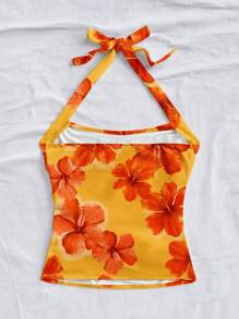 Soleia 橙色芙蓉热带花卉印花女式修身针织挂脖背心，复古休闲度假风格，性感可爱，Y2K 椰子女孩波西米亚音乐节氛围，适合夏季 - 彩色 - 查看 2