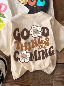 SHEIN 3 件年轻女孩休闲简约度假水果、柠檬、花朵、脸、字母印花圆领短袖基本款 T 恤，适合春夏季、学校、校园、学院、返校服装