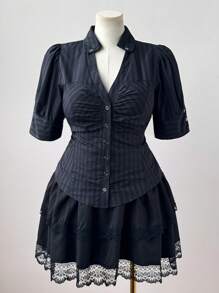 Sweetra Plus Size Women's Solid Color Ruffle Short Puff Sleeve Casual Blouse - Black - View 6