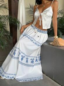 Sunnyshic Falda acampanada de cintura baja con cordón y cuentas estampada - Azul - Ver 1