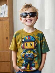 Young Boy Casual Creative Cartoon Game Console Pixel Human Pattern Printed Basic Short Sleeve T-Shirt, Fashion Sibling Matching Young Boy T Shirts