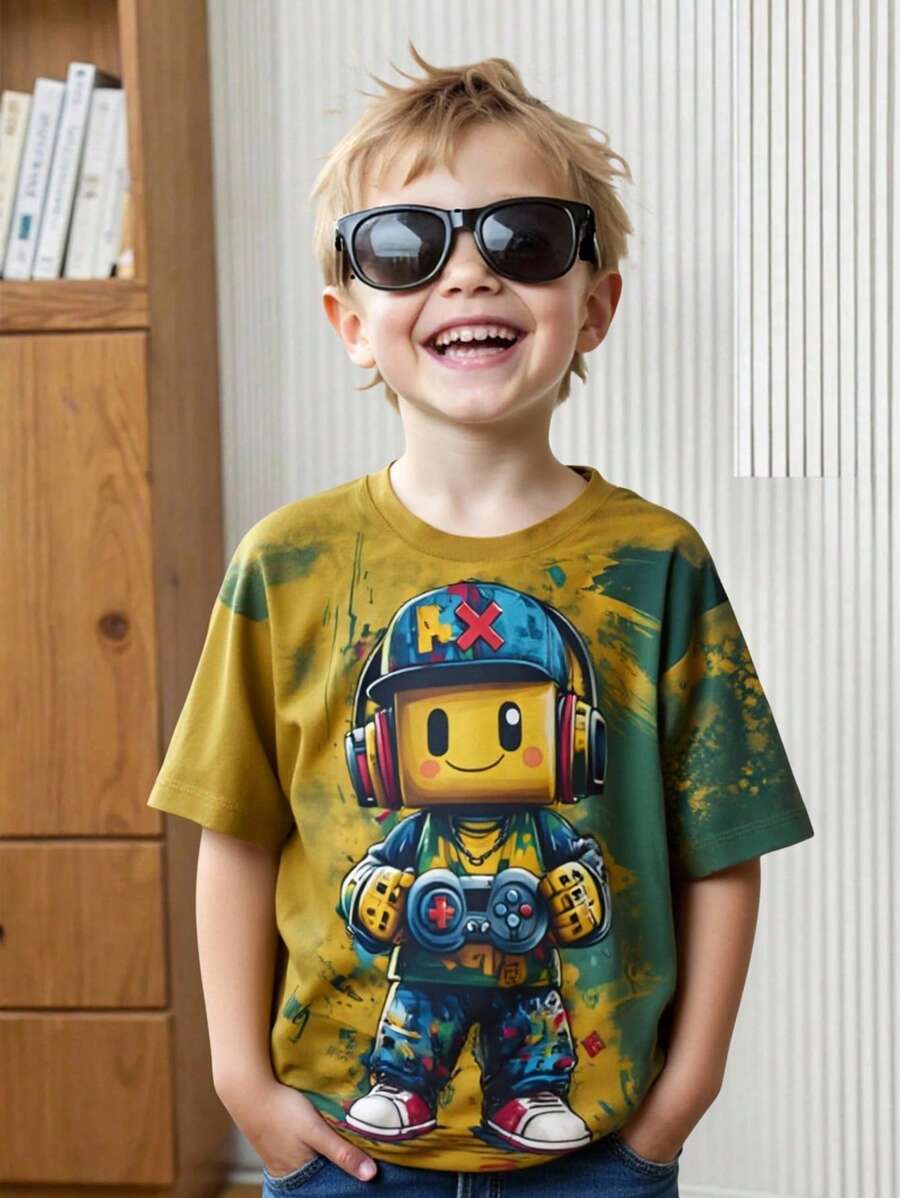 Young Boy Casual Creative Cartoon Game Console Pixel Human Pattern Printed Basic Short Sleeve T-Shirt, Fashion Sibling Matching Young Boy T Shirts