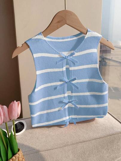 Comfortcana 夏季女款休闲蓝白条纹蝴蝶结针织衬衫