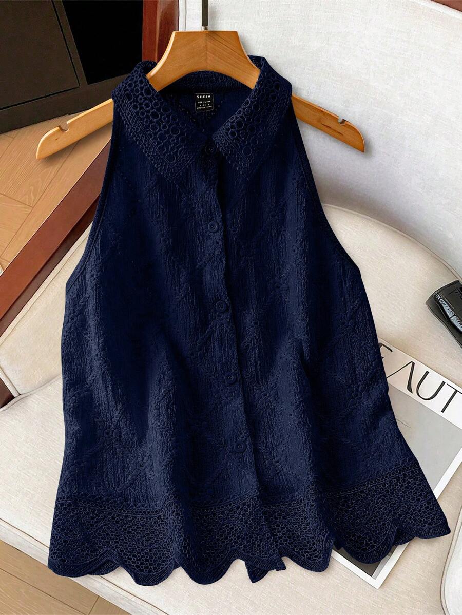 SHEIN Clasi 女式无袖荷叶边挂脖纹理面料开襟衫 - 寶藍色 - 查看 1