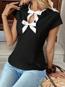 Chiquease Women's New Summer Top, Black Round Neck Hollow Bow Contrast Color Casual Blouse / Teacher's Day Shirt / Daily Versatile Commute / Travel