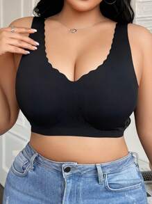 SHEIN 1 件大码女士纯色无钢圈文胸 - 黑色 - 查看 4