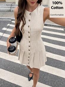 SHEIN Frenchy Váy ngắn không tay cài nút phía trước kẻ sọc thường ngày cho nữ, mùa hè - Màu be - Xem 3