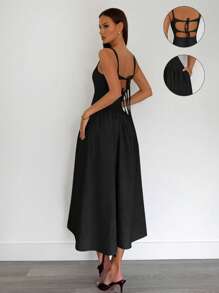 Siren Gaze Váy đen dáng chữ A midi buộc lưng, phù hợp cho kỳ nghỉ, phong cách Boho - màu đen - Xem 3