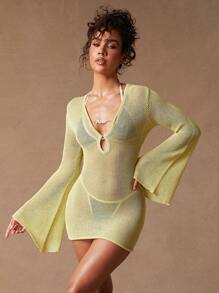 SHEIN Unity Vestito a maniche lunghe, coprente per piscina, estivo e sexy, adatto per festival musicali, mini lunghezza, in maglia di cotone, adatto per brunch, spiaggia, uso casual quotidiano e occasioni formali, abbigliamento da donna - Verde - Visualizzare 3