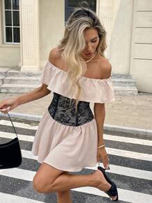 SHEIN Essnce Women's One-Shoulder Lace Splicing Ruffle Waisted A-Shape Mini Dresses,Pink Floral,Summer,Elegant,Birthday Party,Wedding Guest,Beach Vacation Outfits - Apricot - View 7