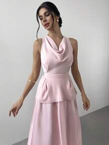 Firerie 女士新款纯粉色欧根纱闪亮裙荷叶边领背心休闲优雅两件套西装/夏装/毕业装/度假装/荷叶边短裤/可爱夏季上衣/女士婚礼宾客礼服/女士教堂装/女士夏季装 - 粉色 - 查看 8