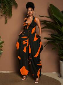 Maweii Große Größen Jumpsuit mit U-Boot-Ausschnitt ohne Ärmel, tailliert, Kontrastfarbe, Sommer