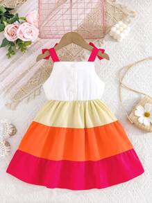 Young Girl' Cute Bowknot Floral Embroidery Patchwork Strap Dress, Suitable For Outdoor Vacation, Spring/Summer