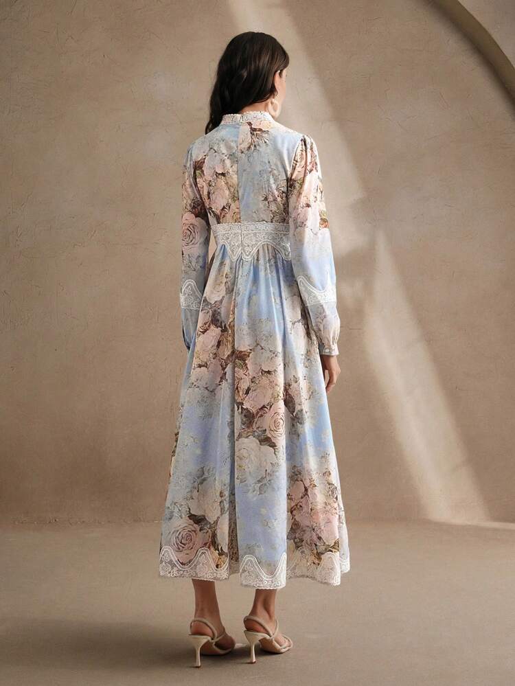 Digital Floral Print V-Neck Long Sleeve Cinched Waist Dress, Luxury Brand Resort Style