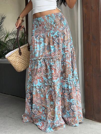 Sunnyshic Women's Casual Paisley Retro Print Elastic Waist Long Boho Shirred Skirt, Spring/Summer Resort & Daily Wear