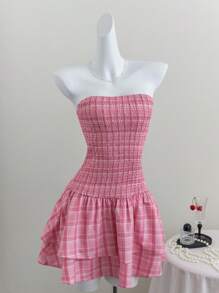Flirla Pink Plaid Print Sweet Girl Beach Vacation Fitted Slim Dress - Pink - View 6