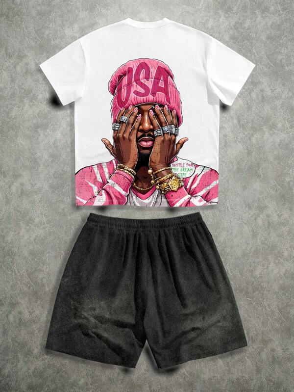 Manfinity ZONE917 Streetwear Graphic Print Snow Flake T-Shirt & Drawstring Waist Shorts Set, Suitable For Summer