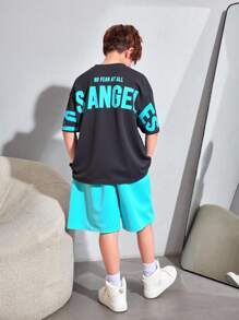 Set de 2 piezas de camiseta de manga corta con estampado de letra y pantalones cortos de ajuste suelto, estilo calle casual y cómodo para niños preadolescentes, apropiado para escuela, jardín, playa, cumpleaños, primavera, verano, otoño, invierno