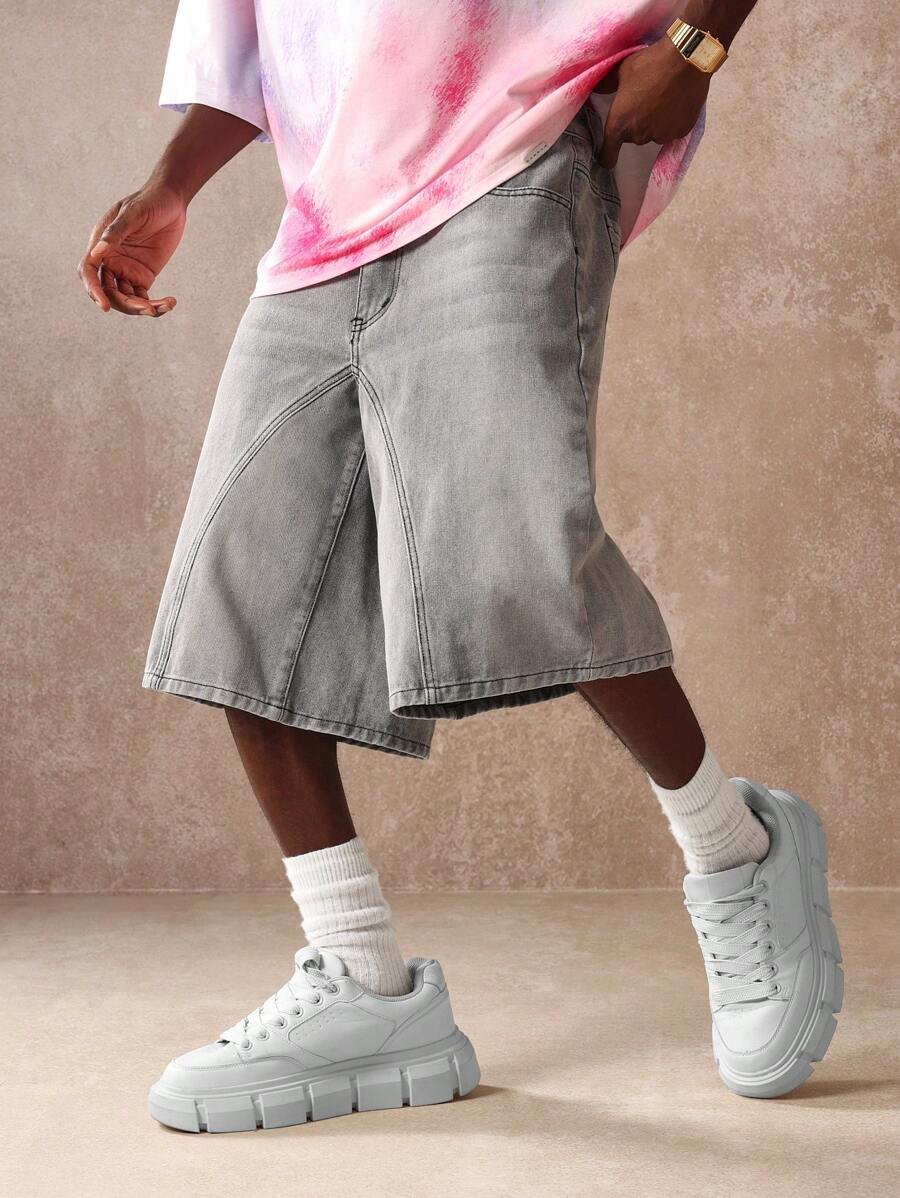 SUMWON 复古阔腿木匠牛仔短裤膝盖以下长度节日夏季街头滑板风格宽松毛边男式短裤 - 灰色 - 查看 1