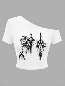 Top corto con cuello asimétrico y estampado de dibujos animados, estilo Y2K, lindo y sexy, adecuado para uso casual diario, se puede combinar para todas las estaciones - Blanco - Ver 3
