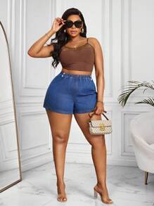 SHEIN Clasi Plus Size Elastic Waist Fitted Denim Shorts, Blue Summer Vacation Cowgirl Western Wear Women Business Casual Woman Festival Airport Graduation Ibiza Beach Hawaii Concert Boho 2025 High Waisted Shorts Suitable For Daily Wear 4th Of July Women - Blue - View 3