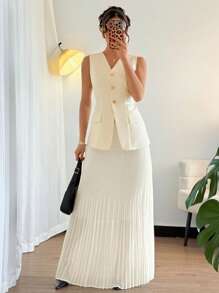 Elenzga 优雅通勤优雅时尚百搭编织杏色深V领无袖收腰修身不挑身金属纽扣前开长A字网眼重褶长裙女式套装 - 杏色 - 查看 4