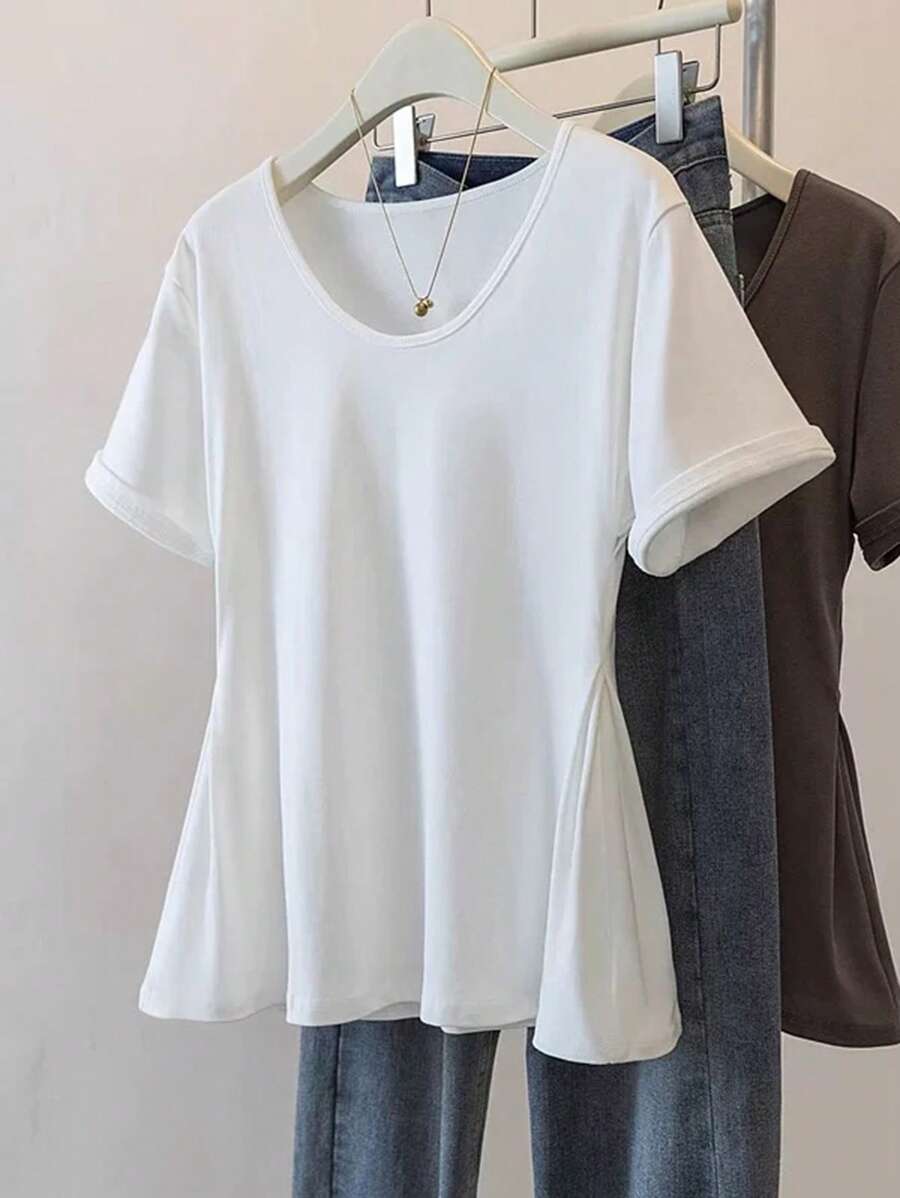 SHEIN 大码女式纯色简约圆领短袖T恤上衣，夏季 - 白色 - 查看 1