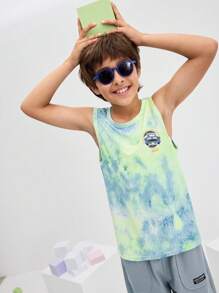 SHEIN 男童休闲度假百搭舒适扎染蜡染服装，时尚圆领无袖针织上衣，适合上学、花园、海滩、生日、春、夏、秋、冬等各种场合。 - 綠色 - 查看 4