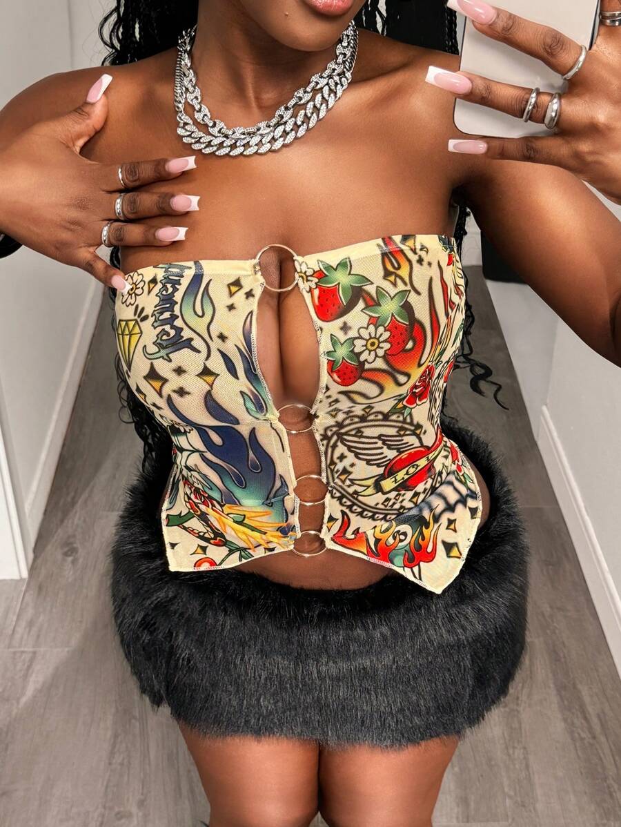 Slaydiva Top ajustado de mujer con patrón estilo barroco, anillo metálico, escote tipo tubo, de color caqui, estilo de chica caliente Y2K, para uso diario, fecha, estilo de calle retro y casual, nueva del verano 2025