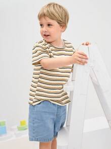 SHEIN 2pcs/Set Young Boy Casual Striped Round Neck Short Sleeve T-Shirt And Denim Shorts