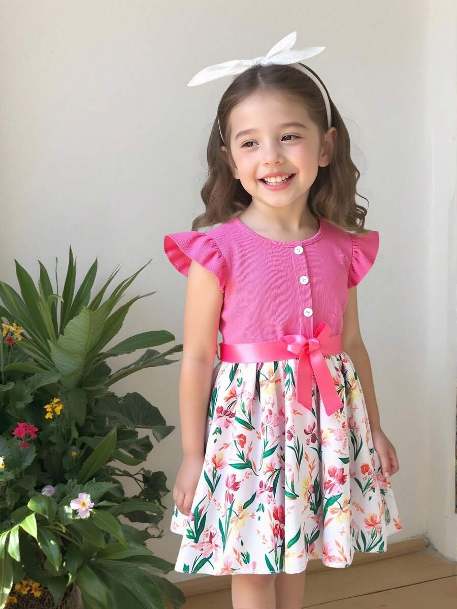 SHEIN Young Girl Floral Print Dress With Bow Decor Hat, Sweet & Fresh - Pink - View 1