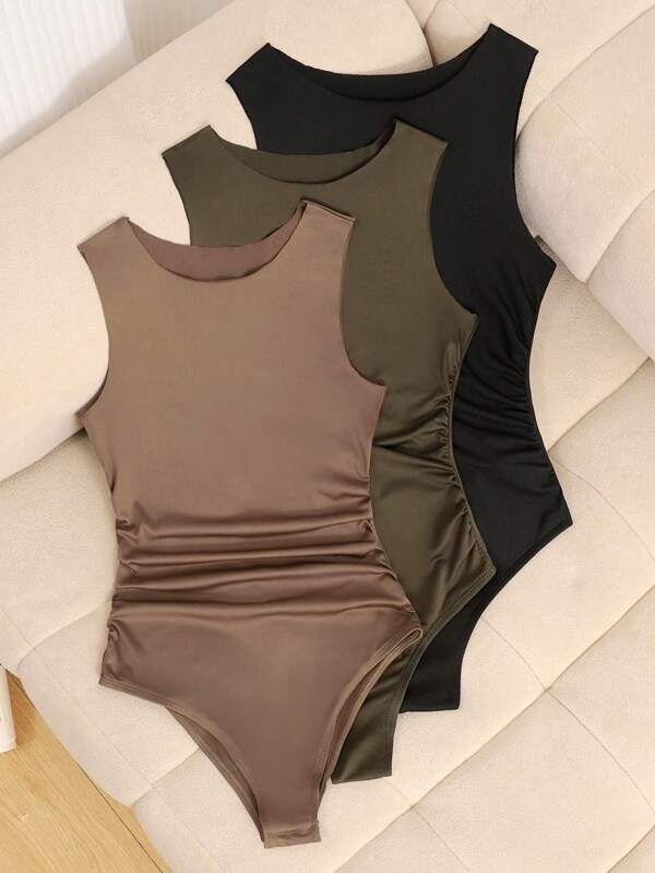 3 pièces/set Combinaison sans manches avec taille serrée pour filles pré-adolescentes, style décontracté