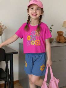 Conjunto de 2 piezas para niñas: Camiseta de manga corta con gráfico floral y shorts de mezclilla bordados