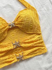 Soleia Canotta donna senza schienale con decorazione a stella metallica a cinque punte, stile aderente adatto per vacanze, appuntamenti, tè pomeridiano, vacanze, festival musicali, stile boho estivo, canotta gialla, top estivo giallo, vacanza - Giallo - Visualizzare 3