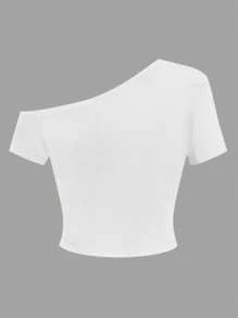 Top corto con cuello asimétrico y estampado de dibujos animados, estilo Y2K, lindo y sexy, adecuado para uso casual diario, se puede combinar para todas las estaciones - Blanco - Ver 2