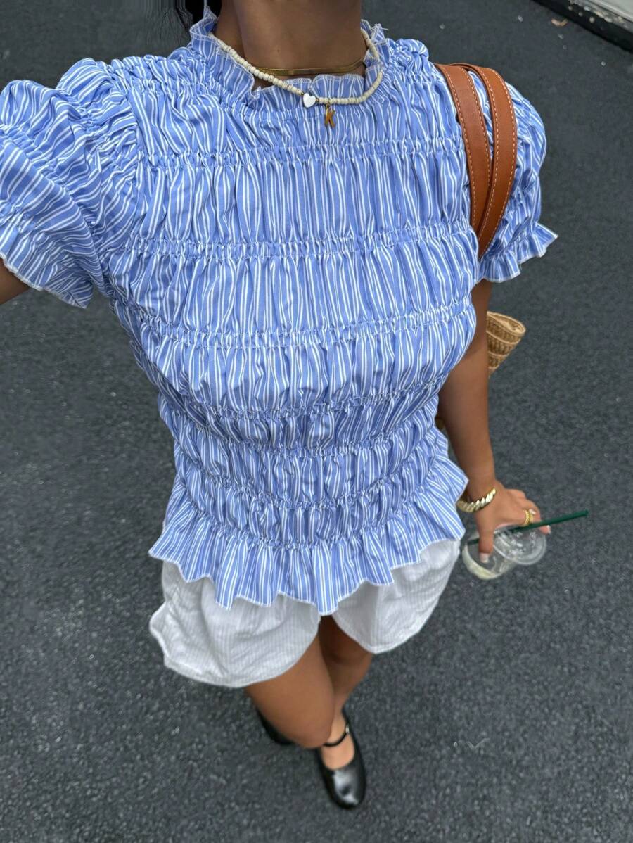 Siren Gaze Ruffle Collar Pleated Blouse Top, Blue/White Stripe Blue Striped Top Blue And White Top Blue Summer Top Striped Blouse Summer Blouse Casual - Blue and White - View 1