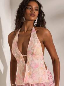 Opulessa Halter Backless Beaded Embroidery Woven Women's Sleeveless Top, Sexy Holiday Summer Vacation - Pink - View 6