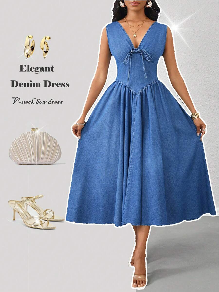 SHEIN Lady 女士牛仔中长连衣裙，休闲修身无袖，蓝色女士连衣裙生日工作夏季连衣裙女士服装女士夏季服装女士休闲连衣裙蜜月装女士连衣裙女士毕业礼服婚礼宾客礼服女士优雅女士节日连衣裙欧洲夏季 - 中等水洗藍 - 查看 1