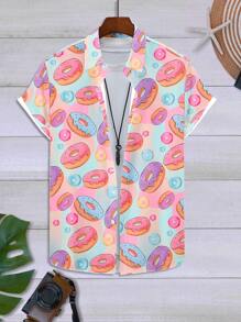 Manfinity RSRT Herren Sommerhemd mit Donut-Muster, kurzärmlig, Knopfleiste, Urlaubshemd mit witzigem Motiv