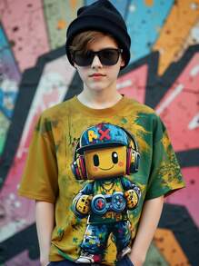 SHEIN Streecool Kids 青少年男孩休闲创意卡通游戏机像素人印花短袖基本款 T 恤，兄弟姐妹款（2 件单独出售）