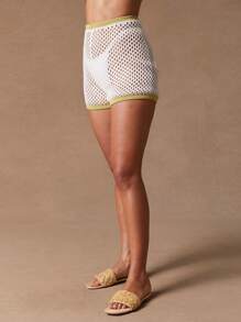 NYA SZN Striped Pointelle Knit Shorts, Poolside Swim Cover Up Beach Summer Poolside Beach Classy Chic Pastel - White - View 5