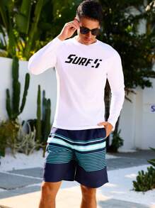 Surfspeed 男式两件套字母印花长袖上衣和全身印花口袋短裤冲浪服，夏威夷风 - 彩色 - 查看 3