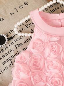 SHEIN Elladie kids Đầm yếm lưới họa tiết hoa nơ cho bé gái, không tay phong cách công chúa, thích hợp mặc hàng ngày hoặc ngày lễ, mùa hè - Hồng - Xem 4