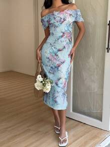 Chiquease Women Random Floral Print Bodycon Dress, Spring/Summer - Baby Blue - View 6