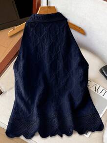 SHEIN Clasi 女式无袖荷叶边挂脖纹理面料开襟衫 - 寶藍色 - 查看 2