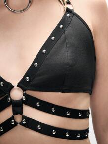ROMWE Grunge Punk Women's Functional Black Sexy Halter Strap Rivets Design Crop Top - Black - View 2